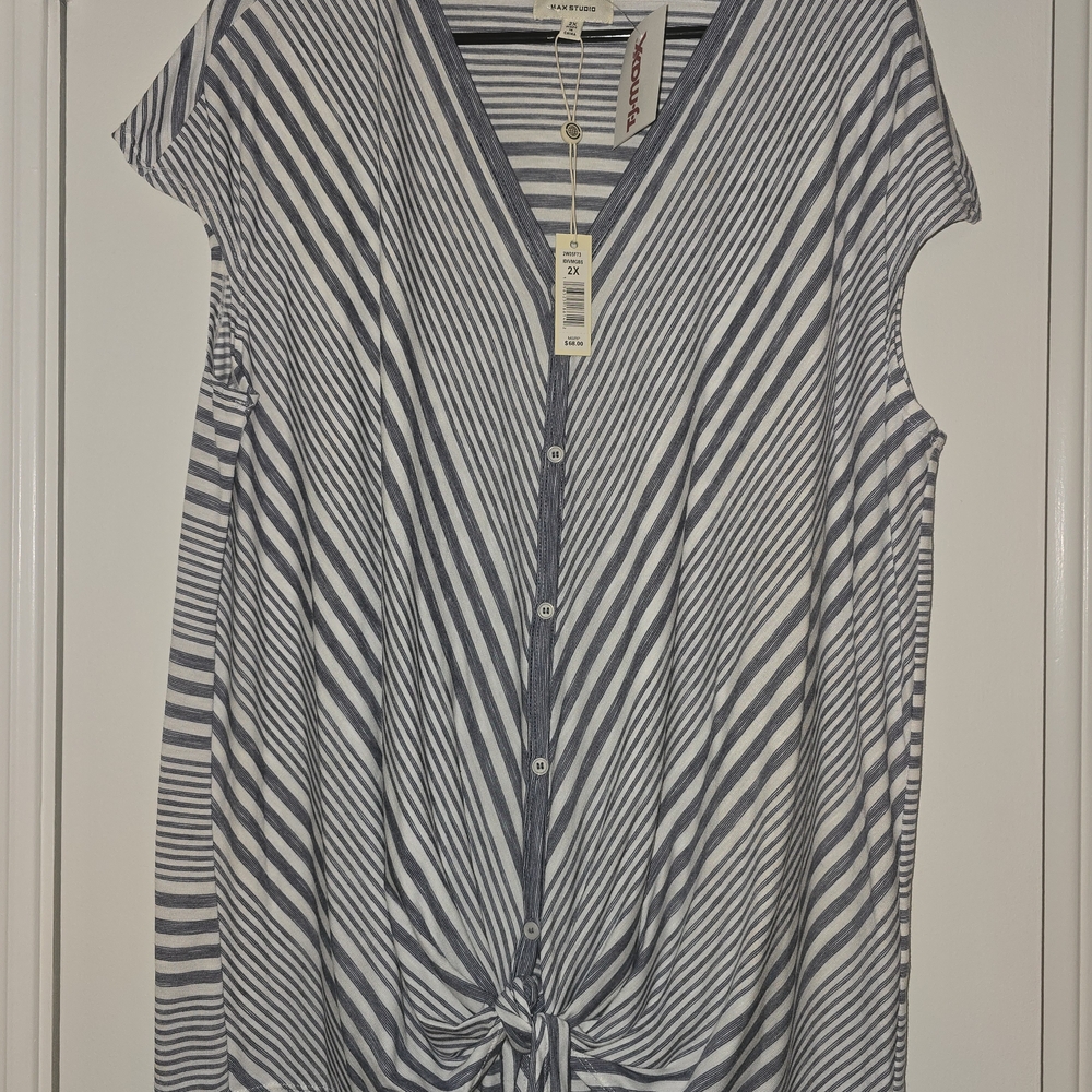 Max Studio Navy and White Striped Button-Down Shirt